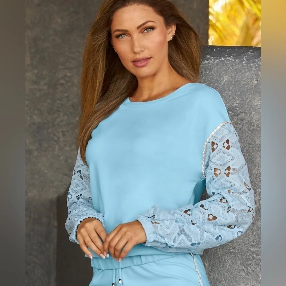 BOSTON PROPER Embellished Lace Sleeve Sweatshirt MEDIUM - Picture 2 of 9